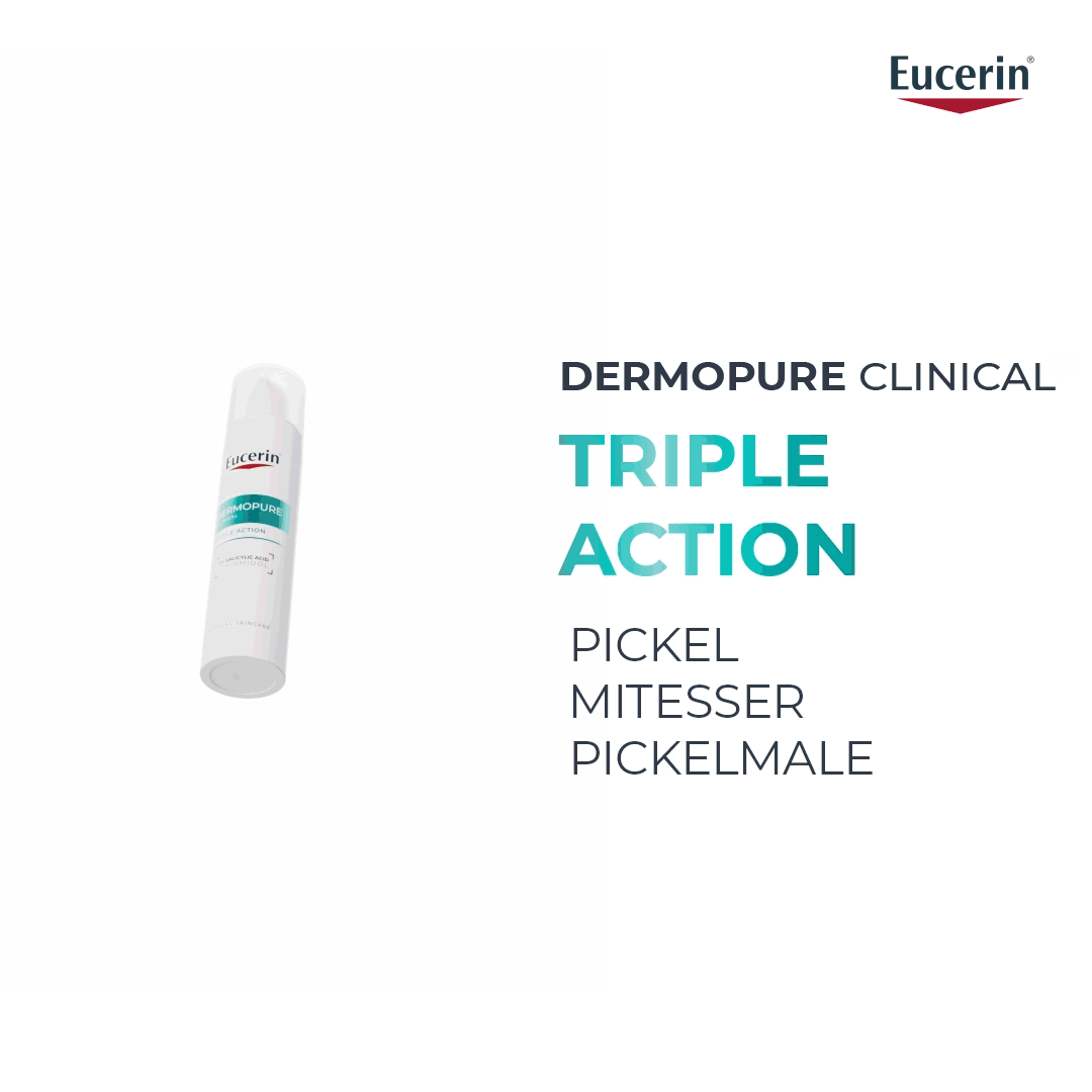 Eucerin® DERMOPURE CLINICAL Triple Action Serum. Text: Triple Action, Pickel, Mitesser, Pickelmale.